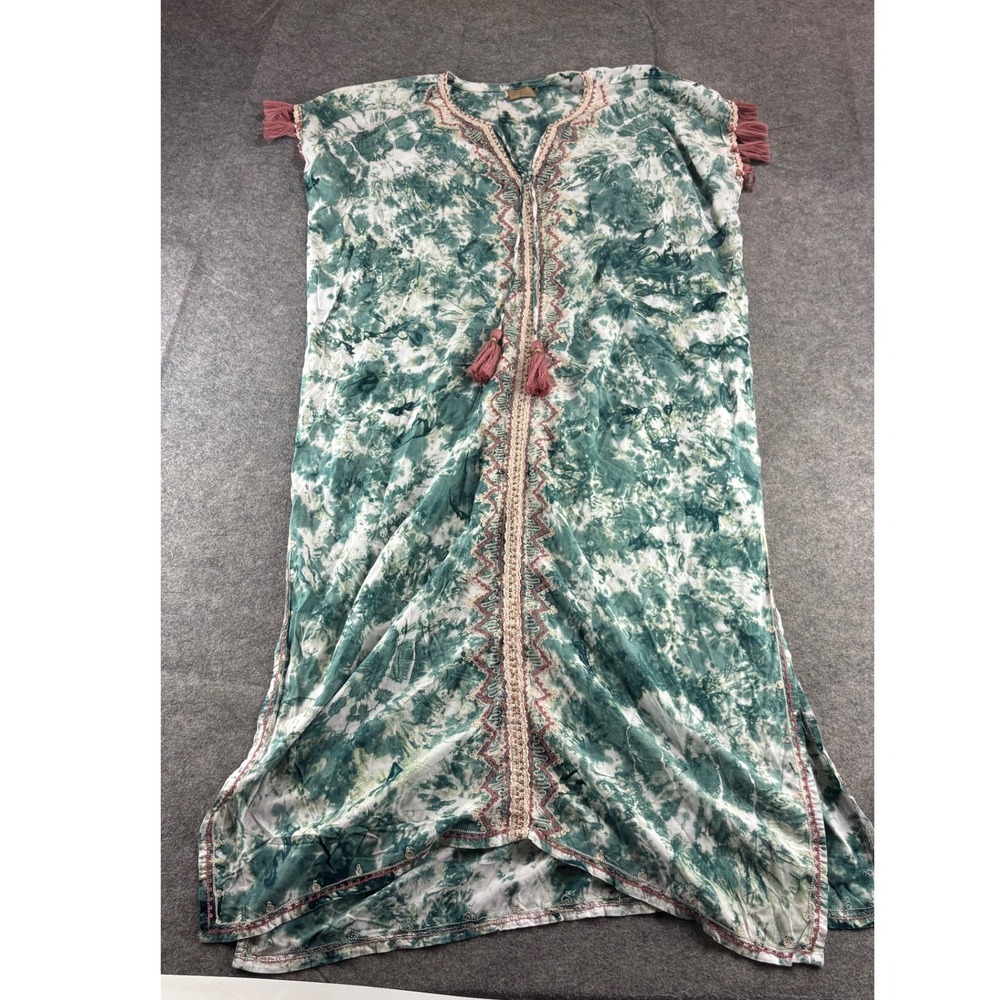 Skemo Tie Dye Kaftan Maxi Dress Green White Embroidered Tassel Boho Rayon Size M